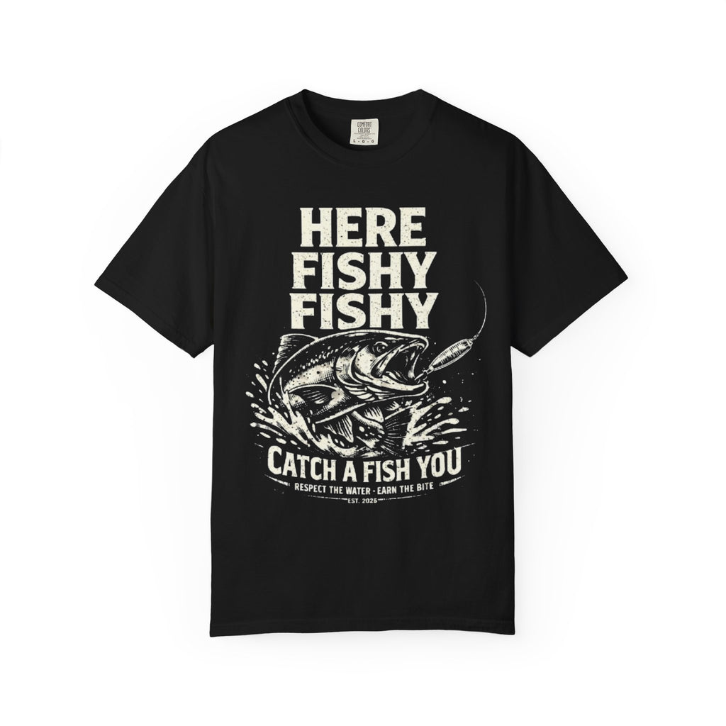 Here Fishy Fishy T-Shirt — Vintage Fishing Graphic Tee for Anglers