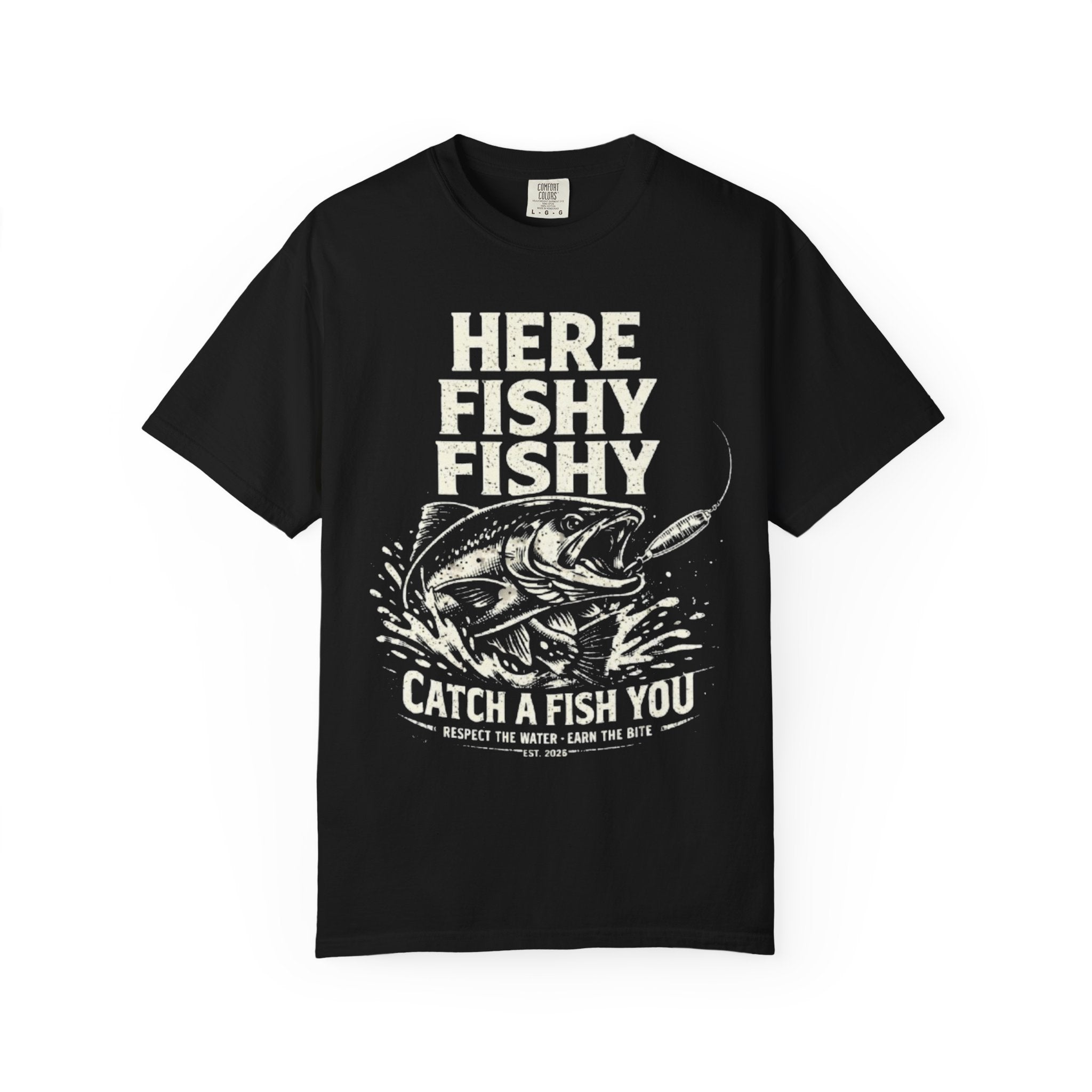 Here Fishy Fishy T-Shirt — Vintage Fishing Graphic Tee for Anglers