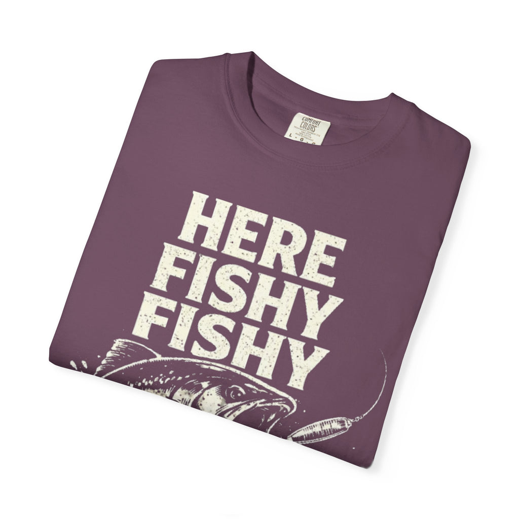 Here Fishy Fishy T-Shirt — Vintage Fishing Graphic Tee for Anglers