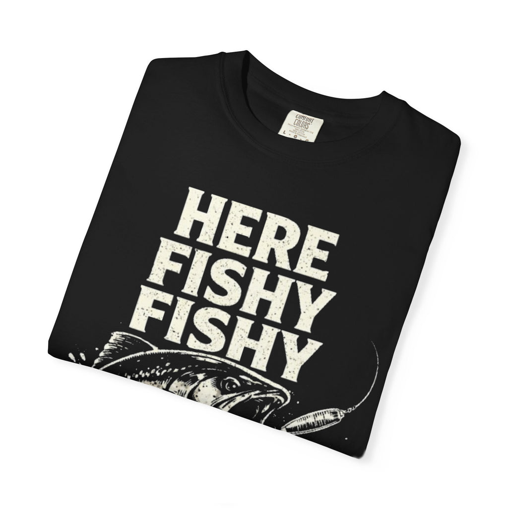 Here Fishy Fishy T-Shirt — Vintage Fishing Graphic Tee for Anglers