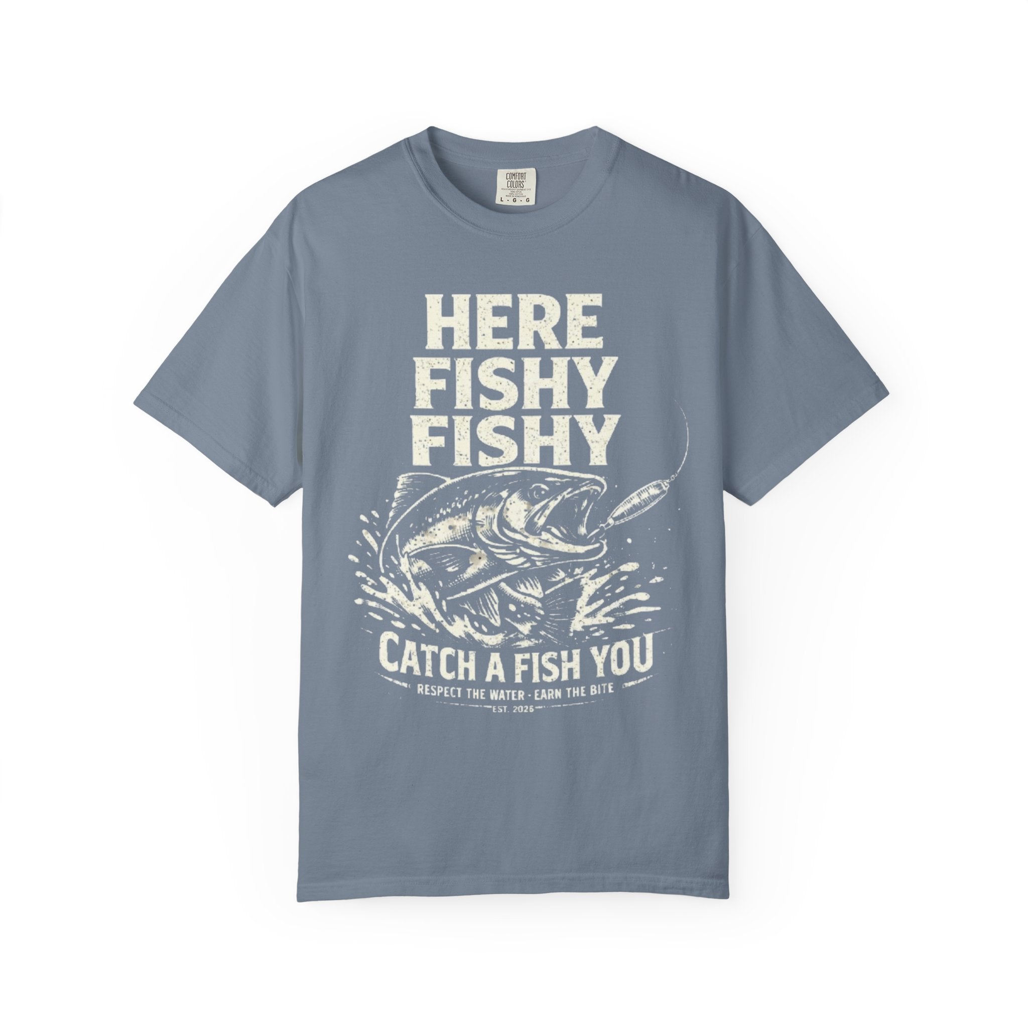 Here Fishy Fishy T-Shirt — Vintage Fishing Graphic Tee for Anglers