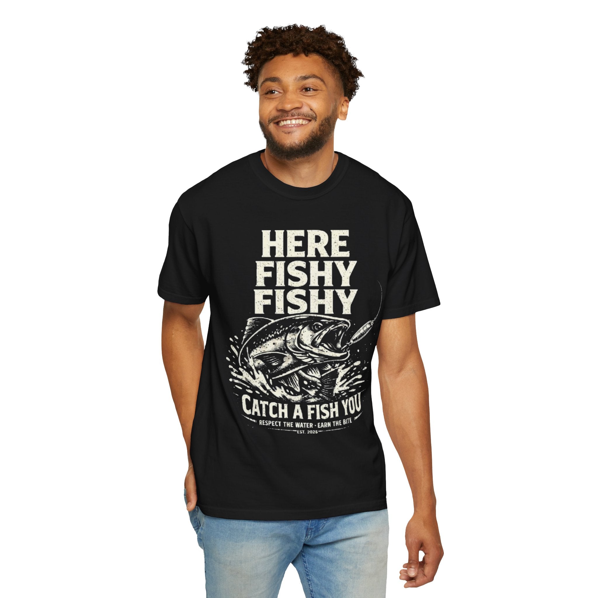 Here Fishy Fishy T-Shirt — Vintage Fishing Graphic Tee for Anglers