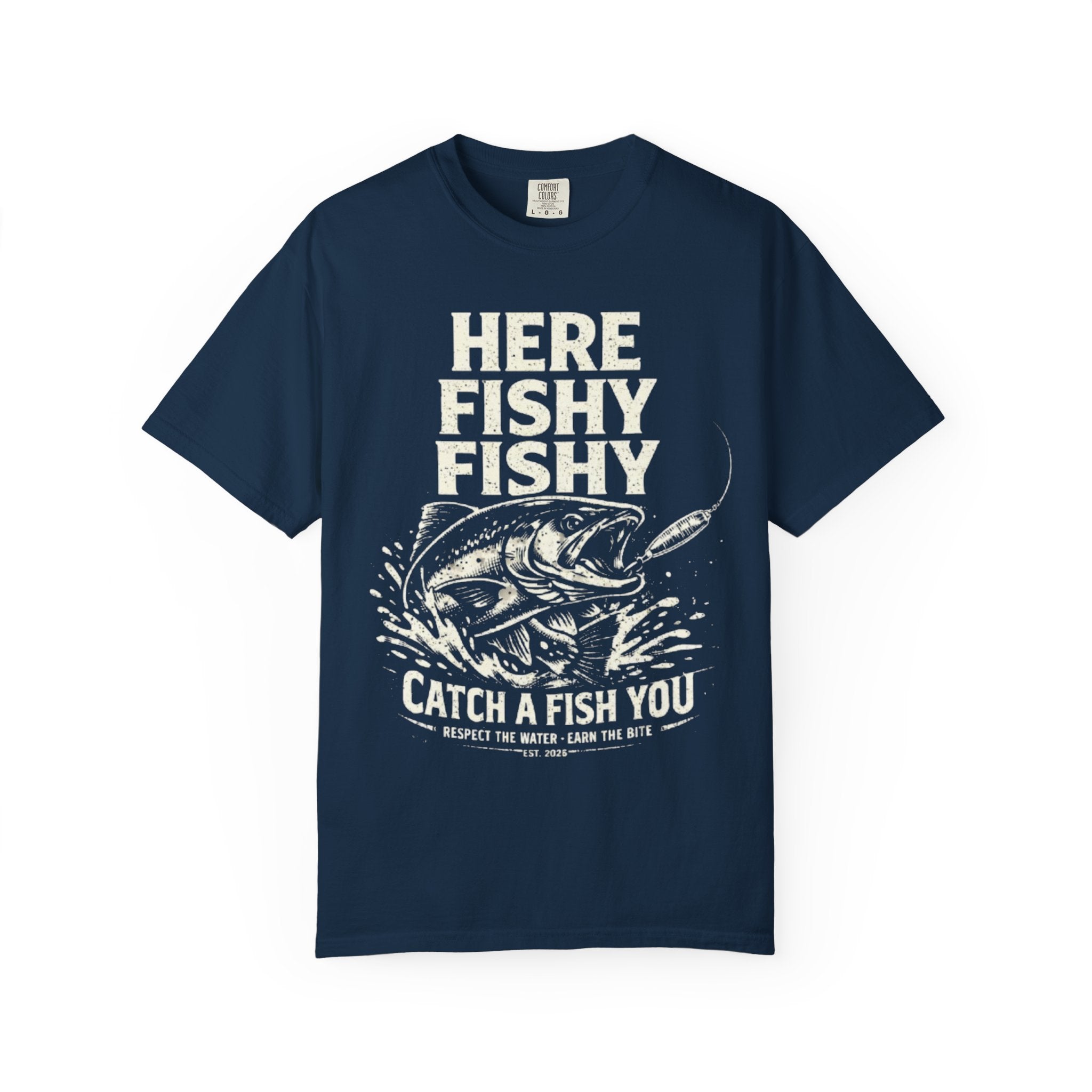 Here Fishy Fishy T-Shirt — Vintage Fishing Graphic Tee for Anglers