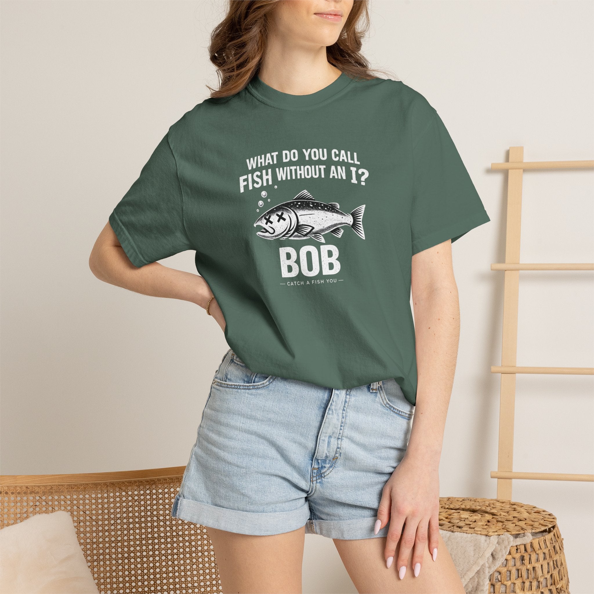 Fishing Joke T-Shirt — "What Do You Call Fish Without an I? Bob" Funny Angler Tee