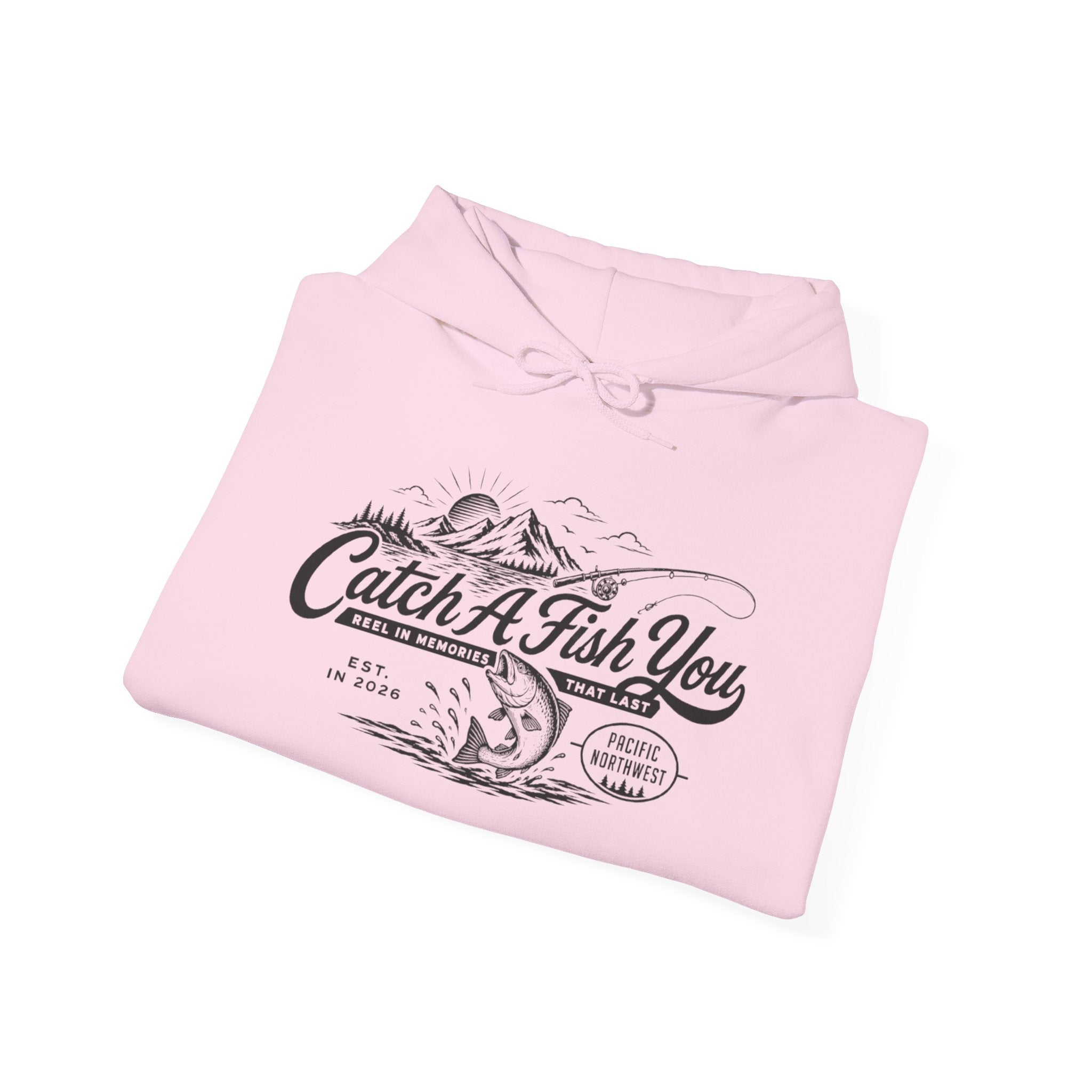 Fishing Hoodie - "Catch A Fish You" Vintage Mountain & Fish Graphic Hooded Sweatshirt
