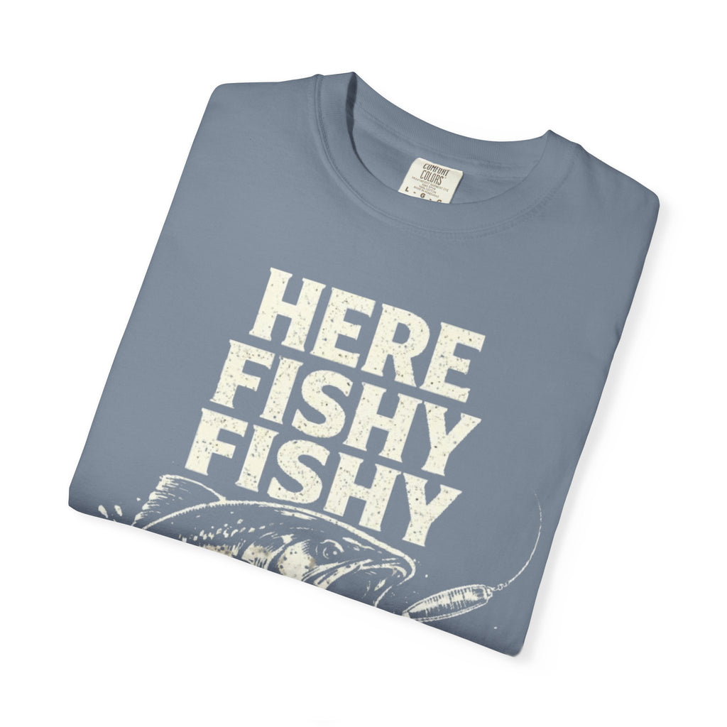 Here Fishy Fishy T-Shirt — Vintage Fishing Graphic Tee for Anglers