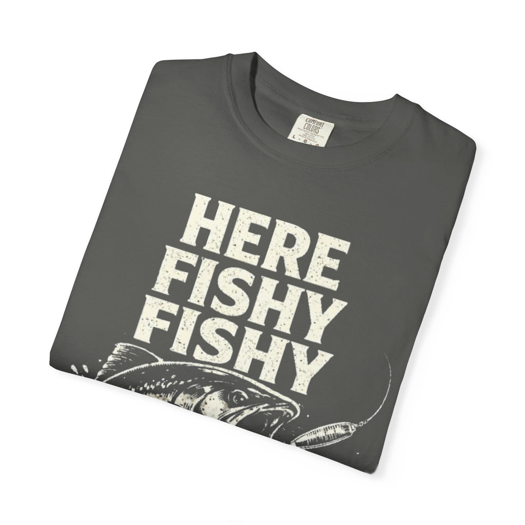 Here Fishy Fishy T-Shirt — Vintage Fishing Graphic Tee for Anglers