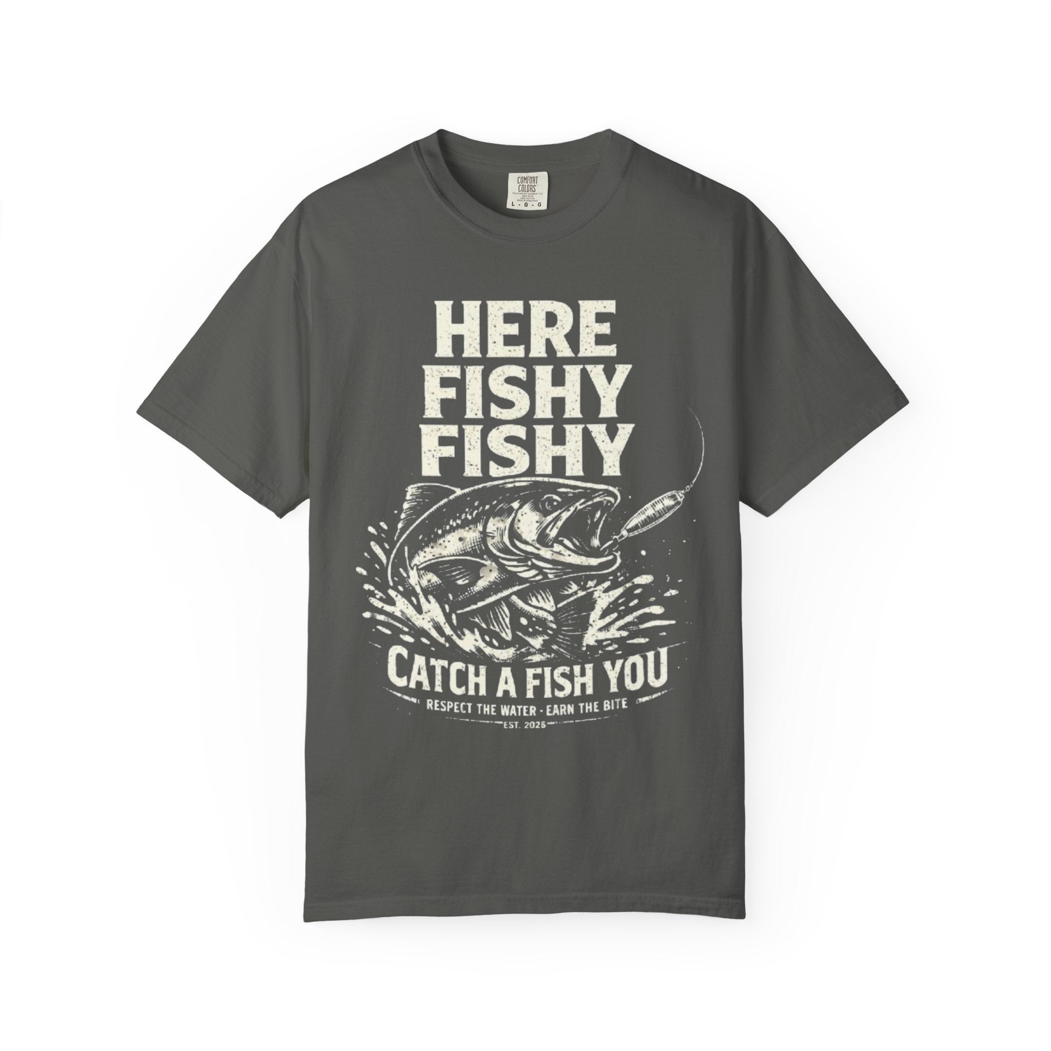 Here Fishy Fishy T-Shirt — Vintage Fishing Graphic Tee for Anglers